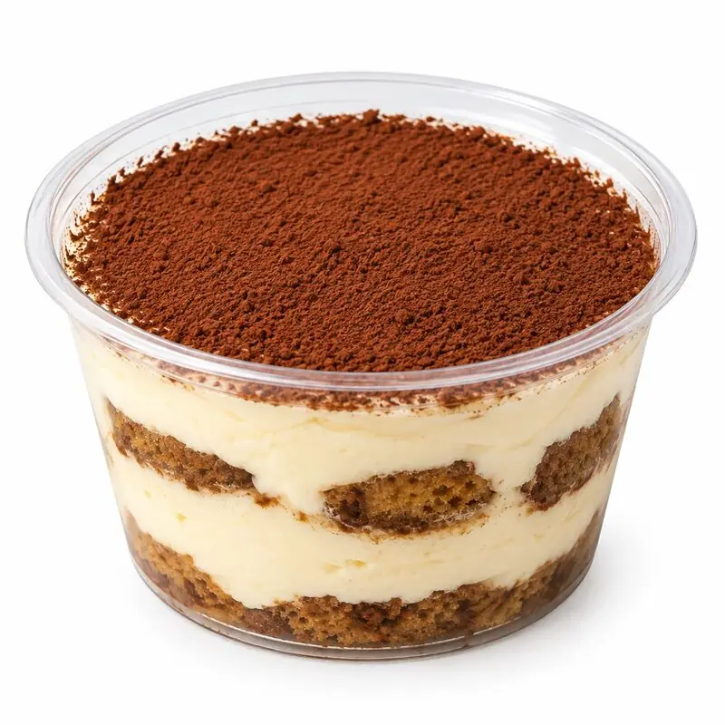 Tiramisú de Tutto Passa en vaso para llevar, con cacao por encima